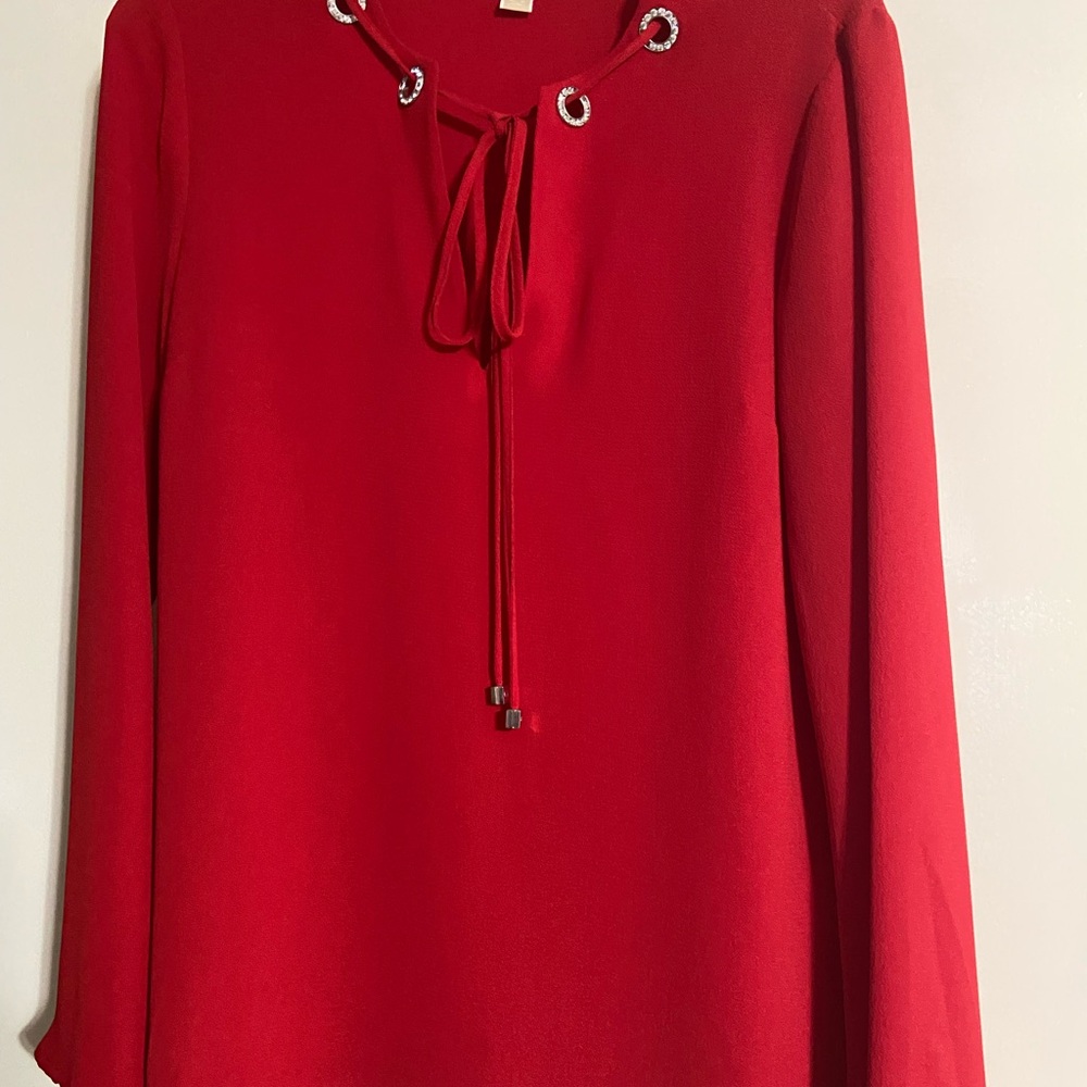 Michael Kors Red Blouse with Grommet Tie Neck